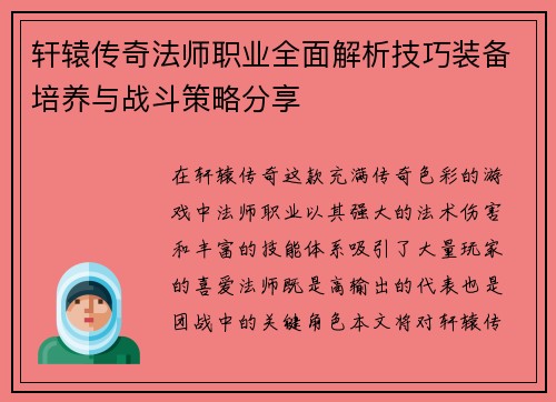 轩辕传奇法师职业全面解析技巧装备培养与战斗策略分享